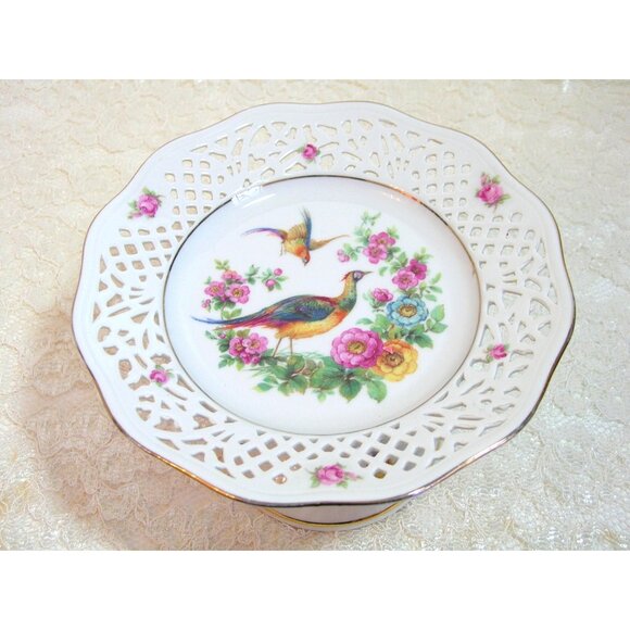 German China Pedestal Dish With Reticulated Edge, Pheasants And Flowers - Picture 5 of 5